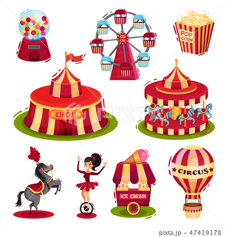 Flat vector set of circus icons. Carousels, circus tent, air balloon fast food. Elements for poster Flat vector set of circus icons. Carousels, circus tent, air balloon fast food. Elements for poster 47419178