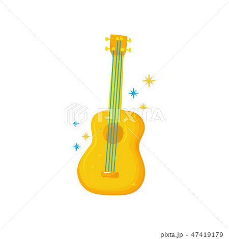 Yellow-orange guitar with blue strings. Musical instrument. Flat vector element for poster of 47419179