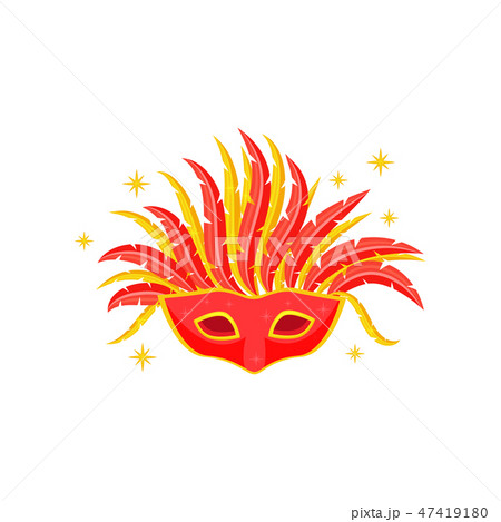 Masquerade mask with red and yellow feathers. Festive accessory. Attribute of Brazilian carnival Masquerade mask with red and yellow feathers. Festive accessory. Attribute of Brazilian carnival 47419180