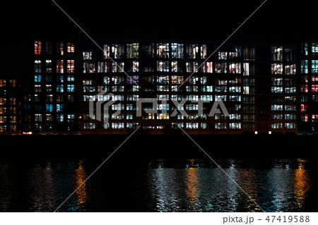 office building facade at night, windows office building facade at night, windows 47419588