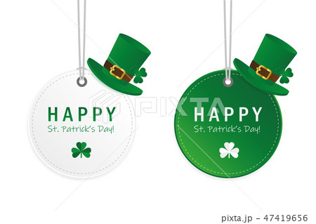 green and white St. Patricks Day hanging round label with hat and clover 47419656