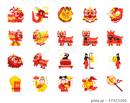 Chinese lion dance color icon set Chinese lion dance color icon set 47423300