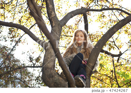 Beautiful girl sitting on a tree Beautiful girl sitting on a tree 47424267
