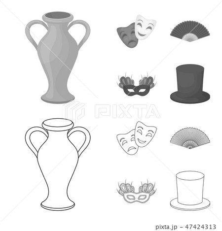 Theatrical mask, cylinder, fan, mask on the eyes. Theater set collection icons in outline,monochrome 47424313