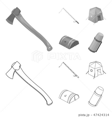 Spinning for fishing, tent, thermos.Tent set collection icons in outline,monochrome style vector 47424314