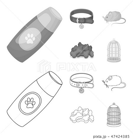 A collar, a forage, a toy, a cage and other products of the zoo store.Pet shop set collection icons 47424385