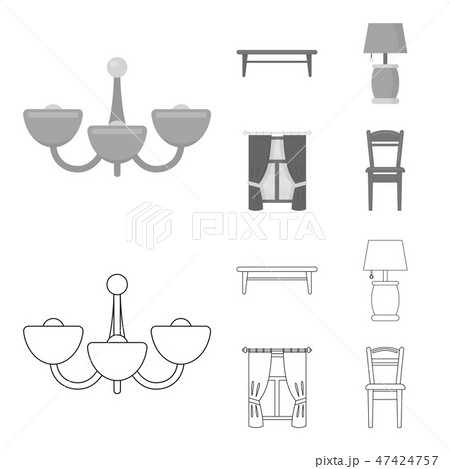 A coffee table, a lamp, curtains, a chair.Furniture set collection icons in outline,monochrome style 47424757