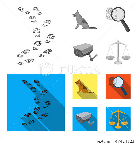 Traces on the ground, service shepherd, security camera, fingerprint. Prison set collection icons in 47424923