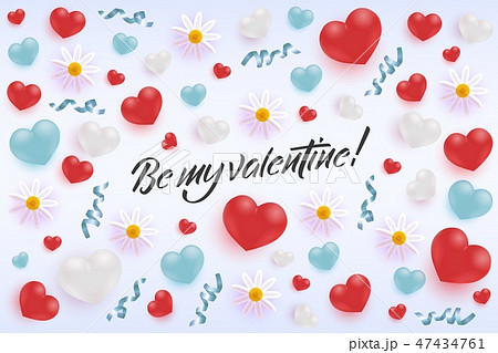 Happy Valentine Day greeting banner with realistic heart shapes, bows and flowers. 47434761