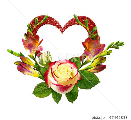 Freesia flowers and rose with glitter heart 47442353