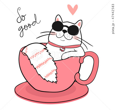 White Fat Cat With Sun Glasses In A Coffee Cupのイラスト素材