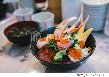 Chirashi sushi rice bowl at Japanese restaurant 47447649