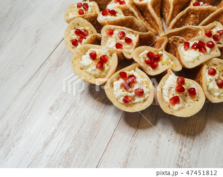 Pomegranate Qatayef Asafiri, Arabian pancake. Pomegranate Qatayef Asafiri, Arabian pancake. 47451812