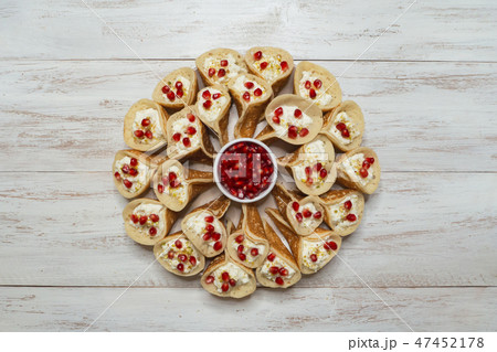 Pomegranate Qatayef Asafiri, Arabian pancake. Pomegranate Qatayef Asafiri, Arabian pancake. 47452178