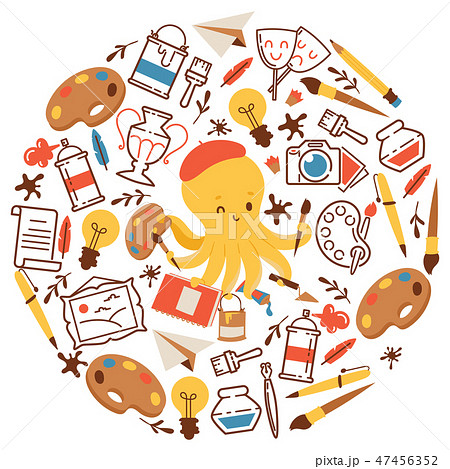 Octopus with art supplies, tools for painting, drawing, sketching vector illustration. Art classes Octopus with art supplies, tools for painting, drawing, sketching vector illustration. Art classes 47456352