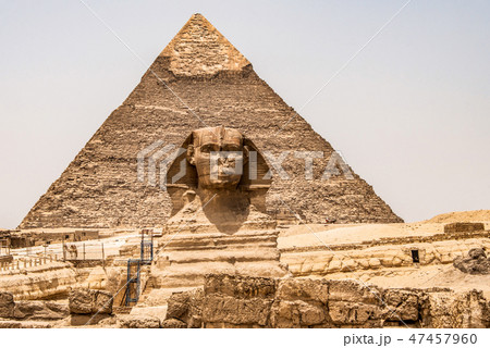 Egyptian Great Sphinx full body portrait head,with pyramids of Giza background Egypt empty with Egyptian Great Sphinx full body portrait head,with pyramids of Giza background Egypt empty with 47457960