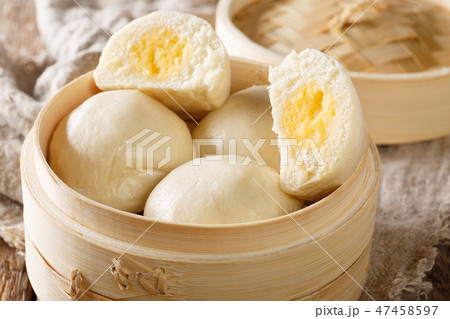 Chinese traditional steam custard buns closeup 47458597