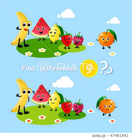 Finding differences. Children activity game happy cartoon food fruits banana watermelon lemon Finding differences. Children activity game happy cartoon food fruits banana watermelon lemon 47461841