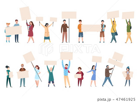 People protest. Male female activists with banners and placards in politics manifestation. Political People protest. Male female activists with banners and placards in politics manifestation. Political 47461925