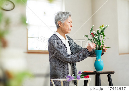 花瓶に花を指すシニア女性の写真素材