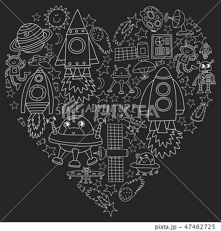 Vector set of space elements icons in doodle style. Painted, black monochrome, chalk pictures on a 47462725