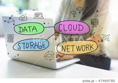Cloud computing concept with woman using laptop Cloud computing concept with woman using laptop 47469780