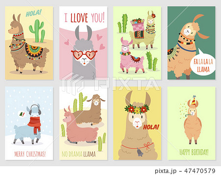 Llama cards. Baby llamas cute alpaca and cacti wild lama. Peru camel, girl party invitation vector 47470579