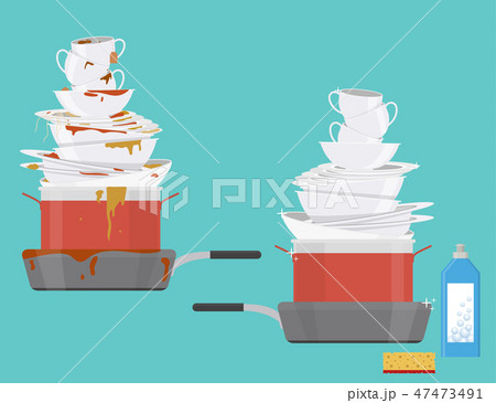 Cartoon Clean and Dirty Dishes Set. Vector Cartoon Clean and Dirty Dishes Set. Vector 47473491