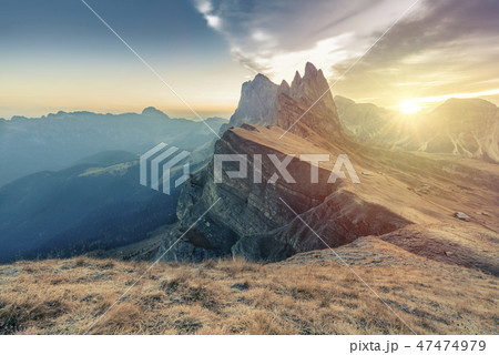 Epic Misty Morning Landscape of Dolomites Alps. 47474979