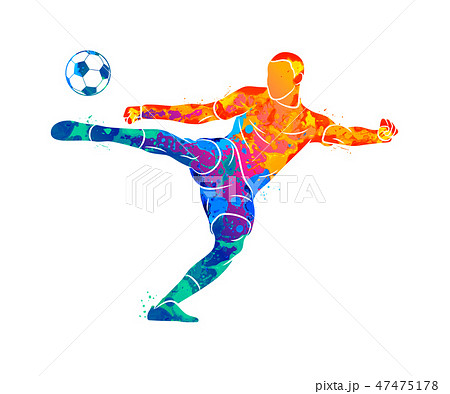 Abstract professional soccer player quick shooting a ball from splash of watercolors 47475178