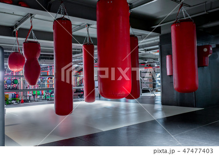 Red punching bags with gym background. Pears for boxing 47477403