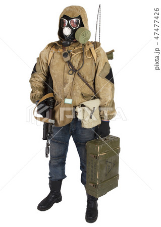 Post-apocalyptic stalker in gas mask with ak47 gun 47477426