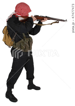 Rebel army soldier in black uniform with rifle Rebel army soldier in black uniform with rifle 47477473