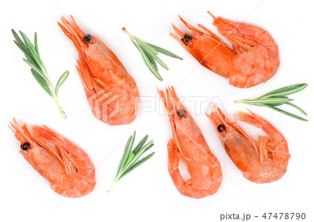 Red cooked prawn or shrimp with rosemary isolated on white background. Top view. Flat lay 47478790