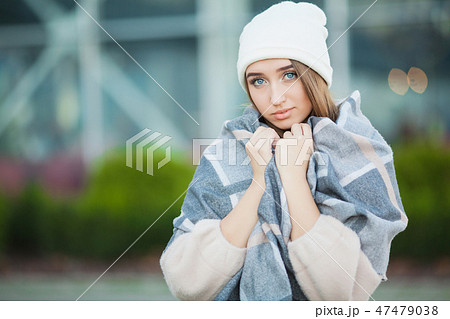 Cold and flu. Woman get sick and cough, wearing autumn clothes 47479038