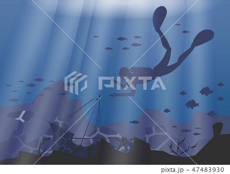 Silhouette of diver, coral reef and underwater cave on a blue sea background. Vector illustration. 47483930