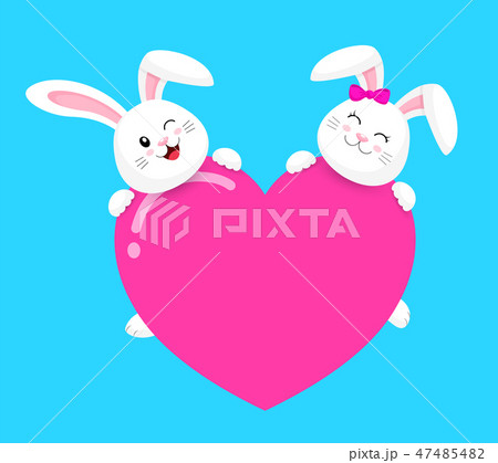 Cute cartoon white rabbits holding love hearts.  47485482