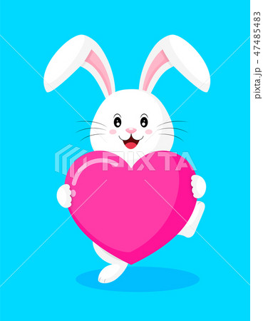 Cute cartoon white rabbit holding love hearts. 47485483