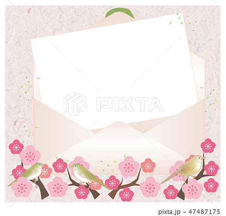 開いた封筒と便箋 梅と鳥のイラスト素材 47487175 Pixta