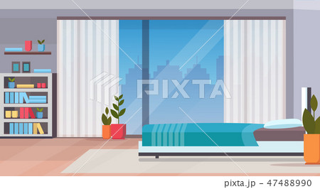 modern home bedroom interior design contemporary bed room empty no people apartment window cityscape 47488990