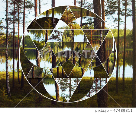 Geometric collage with the lake and nordic forest 47489811