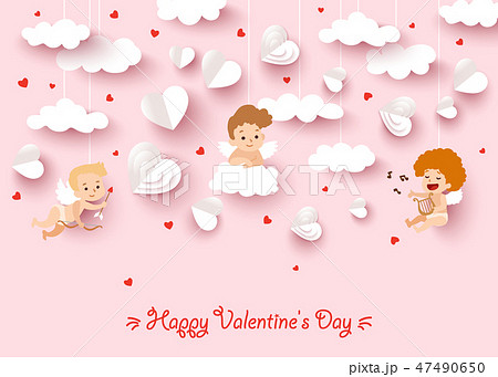 Happy Valentines day greeting card with cut paper cupid angel. Vector illustration Happy Valentines day greeting card with cut paper cupid angel. Vector illustration 47490650