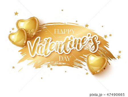 Happy Saint Valentines day greeting card with 3d gold balloon hearts on white background. Vector 47490665