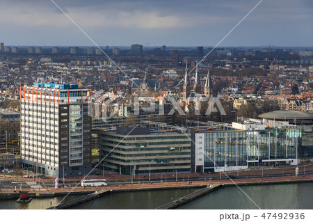 Aerial: Modern buildings on the bank of Amsterdam Aerial: Modern buildings on the bank of Amsterdam 47492936