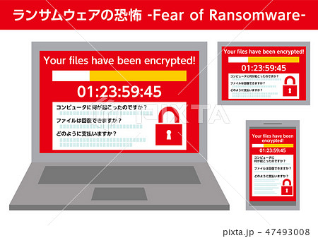 ランサムウェアウイルスに感染した画面を表示するパソコンとスマホとタブレット フラットデザインイラストのイラスト素材