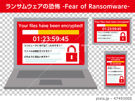 ランサムウェアウイルスに感染した画面を表示するパソコンとスマホとタブレット‐フラットデザインイラスト ランサムウェアウイルスに感染した画面を表示するパソコンとスマホとタブレット‐フラットデザインイラスト 47493008