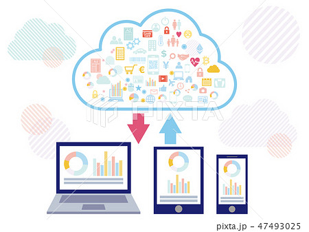 クラウドネットワークに紐づくパソコンとスマホとタブレット アイコンフラットデザイン白背景イラストのイラスト素材