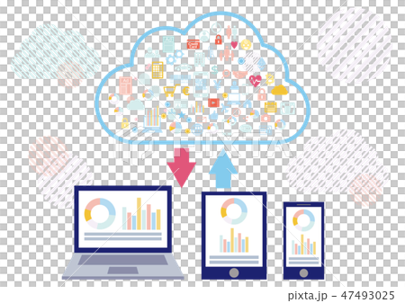 クラウドネットワークに紐づくパソコンとスマホとタブレット アイコンフラットデザイン白背景イラストのイラスト素材