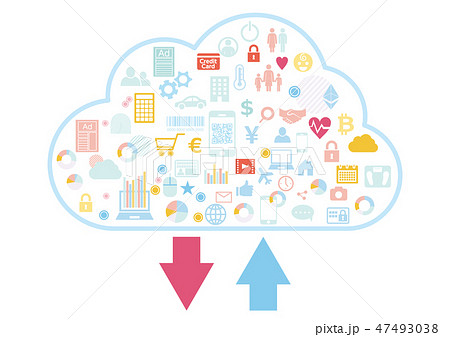 クラウドビジネスに紐づくビッグデータのアップロードダウンロード アイコンフラットデザイン白色背景のイラスト素材