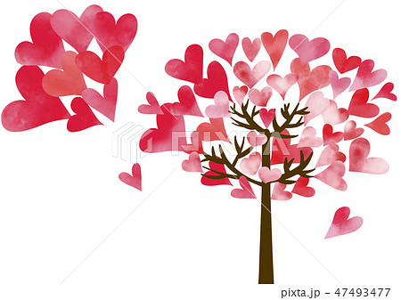 水彩風 バレンタインハートツリー 赤系 木がシンプル版 ハートいっぱいのイラスト素材